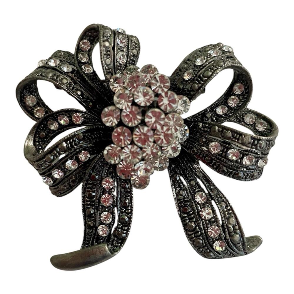 Vintage Estate Rhinestone Bow & Ribbon Brooch Marcasite Silver Tone Pin Pendant